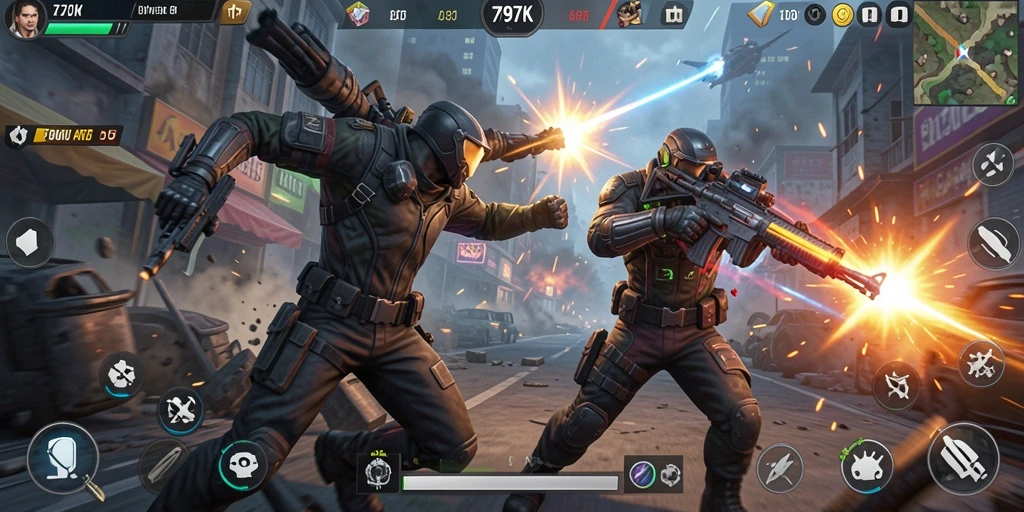 Screenshot gameplay 797K menunjukkan aksi pertempuran yang intens dan mendebarkan.