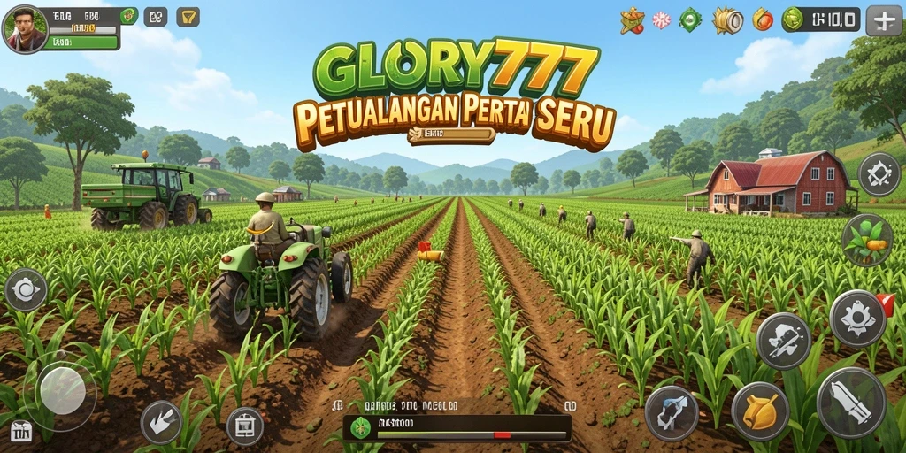 Screenshot utama gameplay GLORY777 menampilkan aktivitas bercocok tanam yang seru.