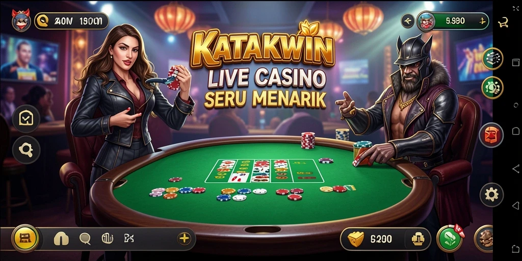 Screenshot gameplay KATAKWIN menunjukkan dealer langsung dan suasana kasino yang menegangkan.