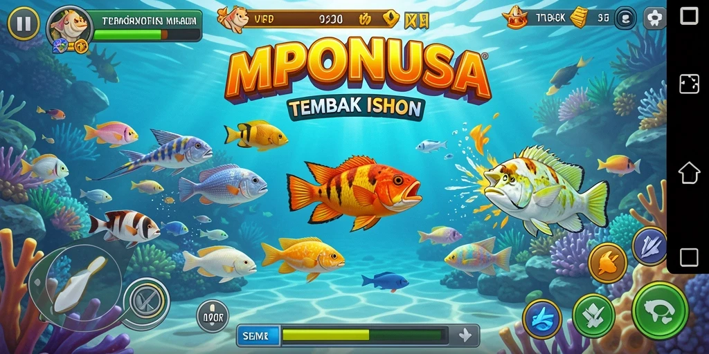 Tampilan gameplay MPONUSA yang seru dengan berbagai ikan yang dapat ditangkap.