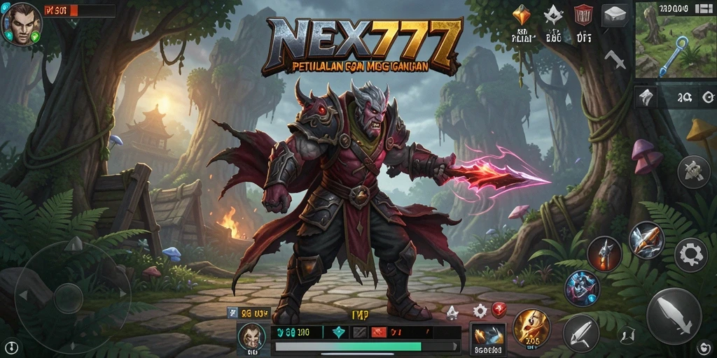 Tangkapan layar utama NEX777 menampilkan aksi petualangan RPG yang seru.