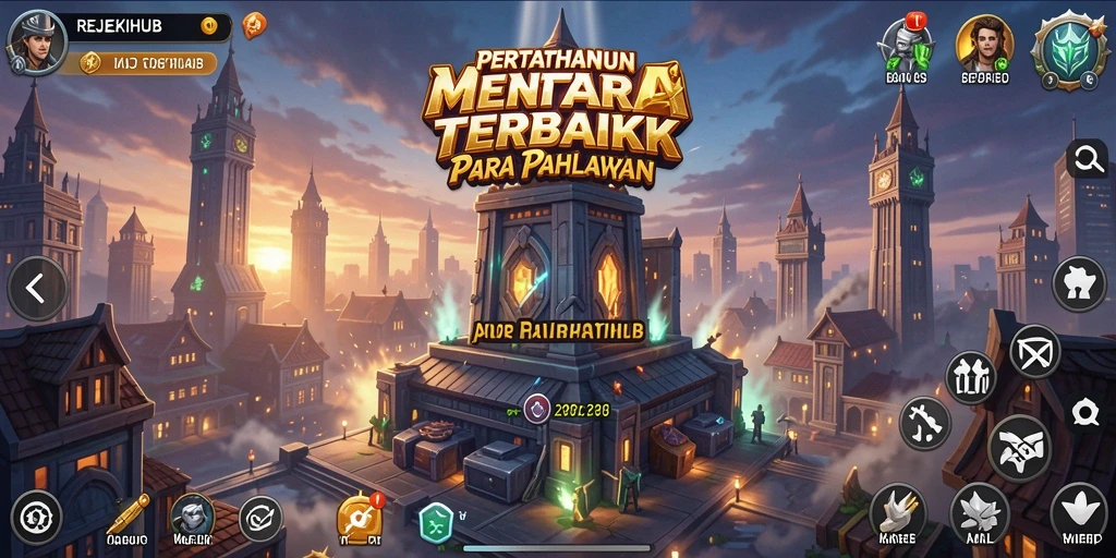 Tangkapan layar utama gameplay REJEKIHUB menampilkan menara bertahan melawan gelombang musuh.